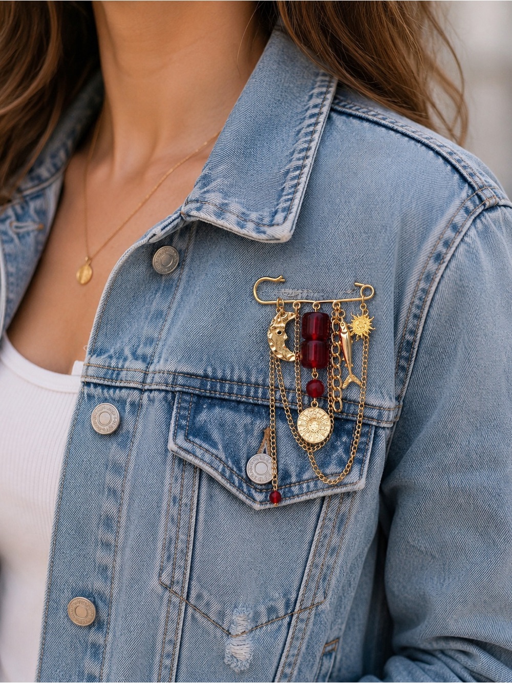 Gold multi Chain Charm Brooch Pin